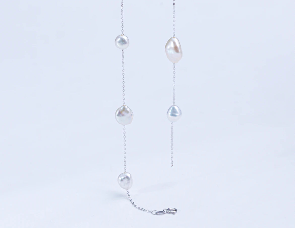 Wild Freshwater Non-bead Keshi 18K White Gold Full of Stars Pearl Necklace