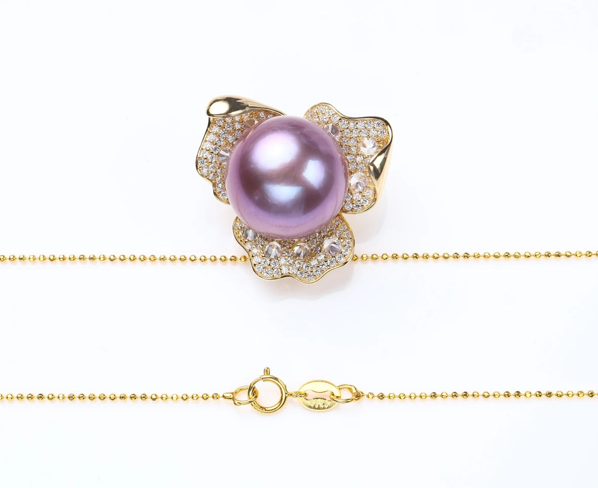 Freshwater purple pearl meticulously set with three-leaf pendant / 13-14MM