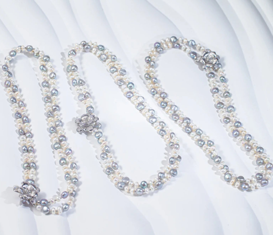 【Balloon Flower Meaning】Natural Wild Keshi Baroque Pearl Sweater Necklace, 90cm