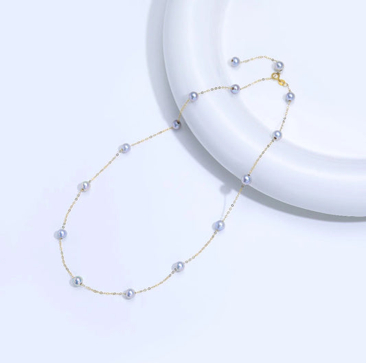 18K Gold Madama Akoya Starry Sky Silver Blue Gray Sea Water Pearl Necklace 6-7mm Fairy Temperament Versatile