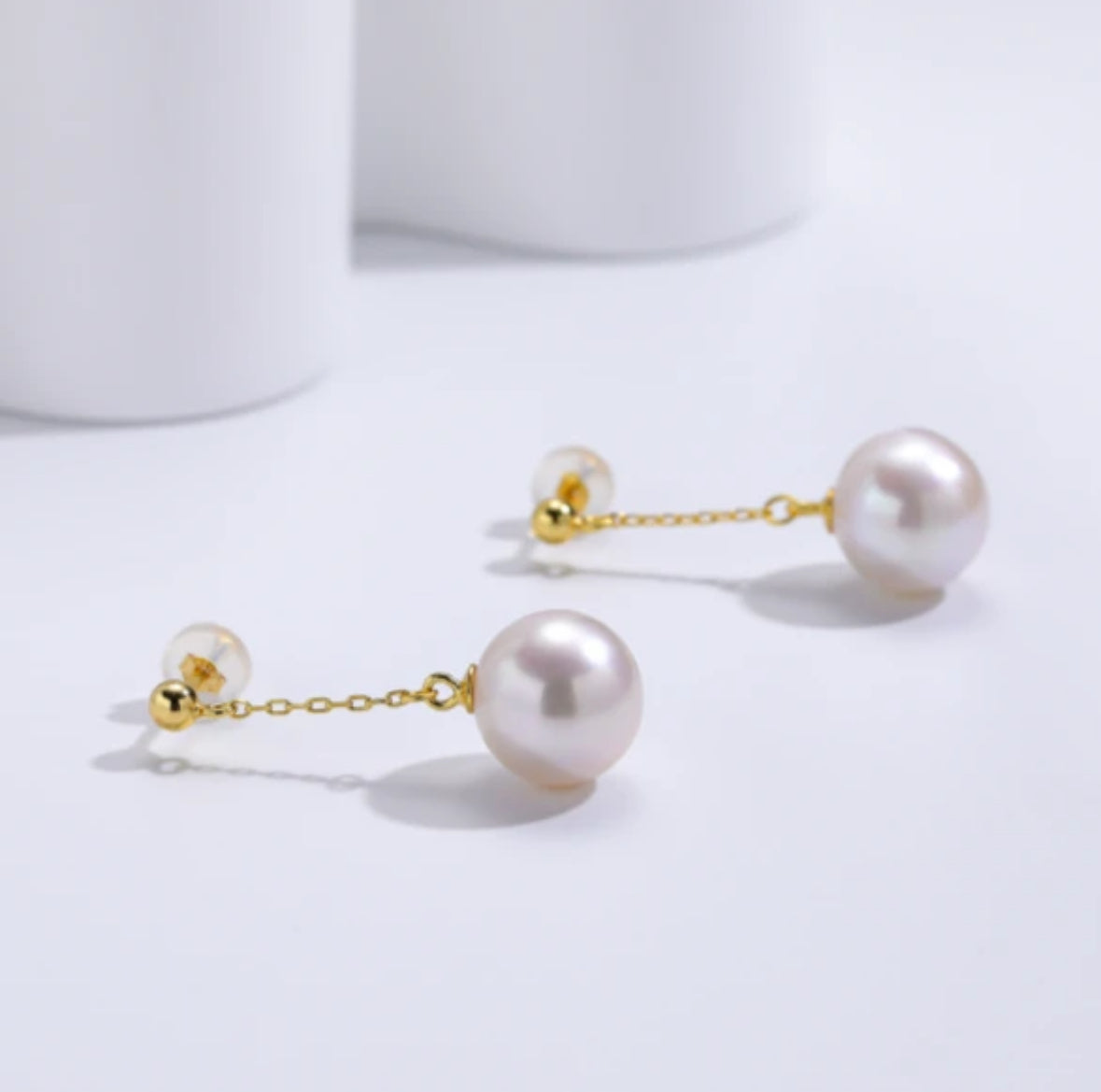 Cultured Freshwater Pearl Drop Earrings in S925(10-11mm)with Round, cool white, high gloss