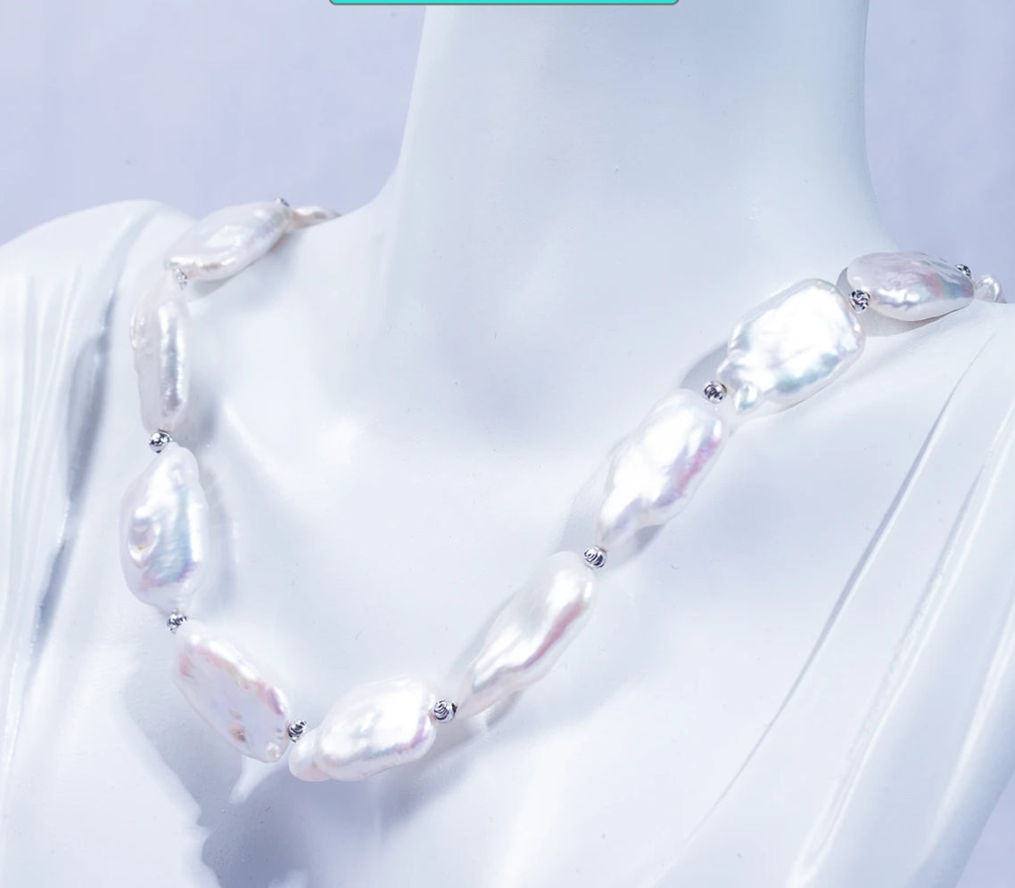 Rectangular aurora Baroque Freshwater Pearl(11-14mm) Statement Necklace, 18"