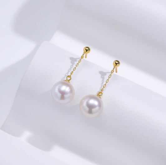 Cultured Freshwater Pearl Drop Earrings in S925(10-11mm)with Round, cool white, high gloss