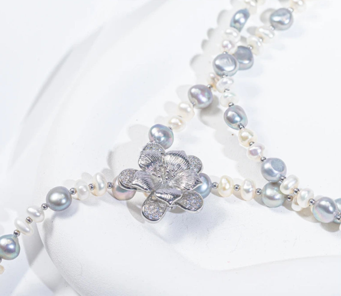 【Balloon Flower Meaning】Natural Wild Keshi Baroque Pearl Sweater Necklace, 90cm