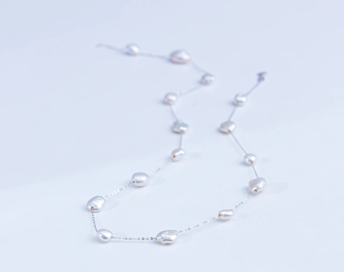 Wild Freshwater Non-bead Keshi 18K White Gold Full of Stars Pearl Necklace