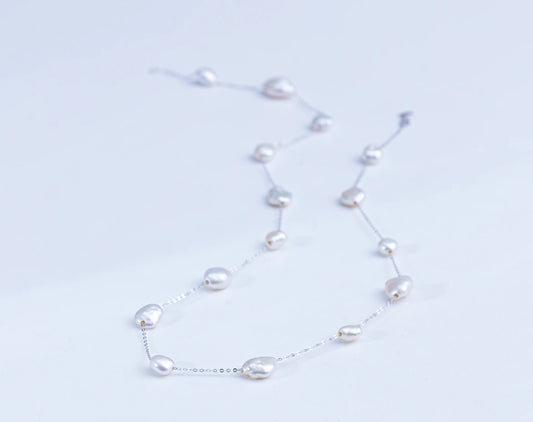 Wild Freshwater Non-bead Keshi 18K White Gold Full of Stars Pearl Necklace