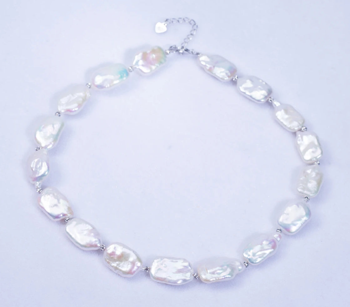 Rectangular aurora Baroque Freshwater Pearl(11-14mm) Statement Necklace, 18"