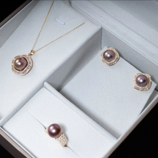 "Prestigious Trio" Purple Round Freshwater Pearl Elegant Three-Piece Set, 10-12MM