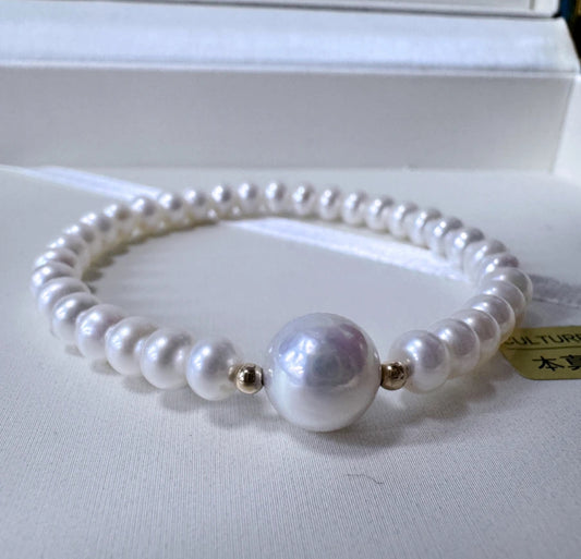 18k gold: pearl bracelet white versatile simple strong light elastic handmade