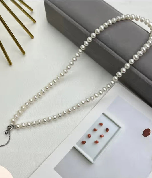 White Cultured Freshwater Non-bead Pearl (6-7mm) Necklace and Matching Stud (7mm) Earrings Set in Sterling Silver,Excellent pearlescent